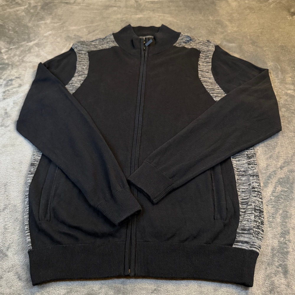 Kenneth Cole Full Zip Sweater Mens Large Black Cotton Contrast Trim